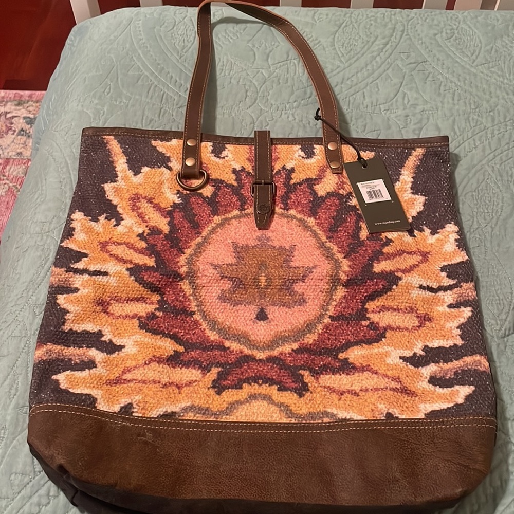 Brand New Myra Tote Bag in Charcoal Gray Yellow, Rust, Pink, Taupe, White &Brown